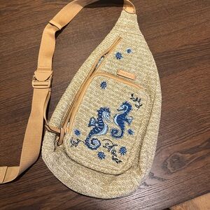 Vera Bradley Tan and Blue Belt Bag with Embroidered Details- like new, laundered